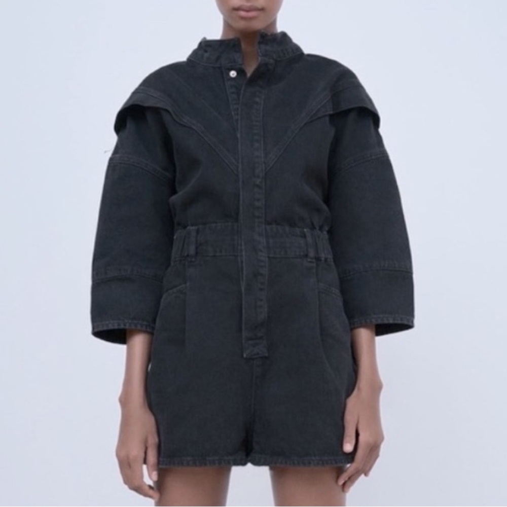 Zara Black Denim Snap-Front Utility Chic Romper/Playsuit Women’s Size Small